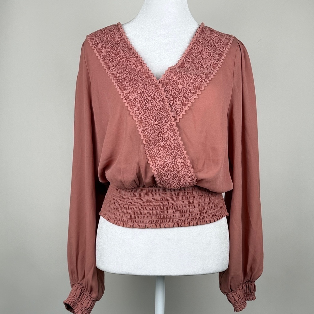 Joie Rose Pink V-neck Long Sleeve Blouse Lace Embroidered Detail Elastic Waist M